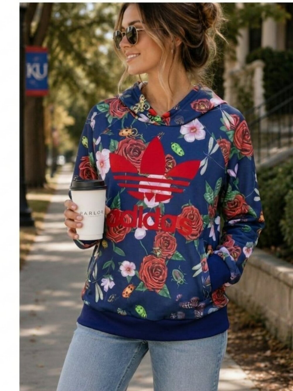 Adidas × Rita Ora navy blue floral logo pullover hoodie women's size medium rare